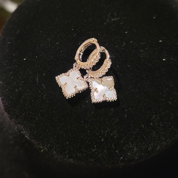 Floral Dangle Hoops White Mother of Pearl Crystal Silver Clover #13 - Picture 4 of 6